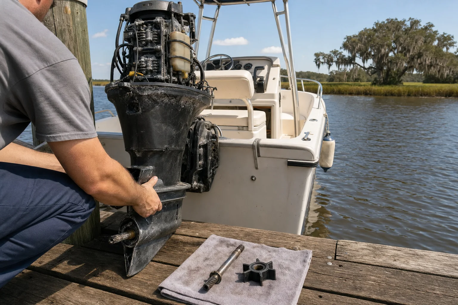Technician inspects salt-corroded outboard engine at dock with marsh vegetation visible.