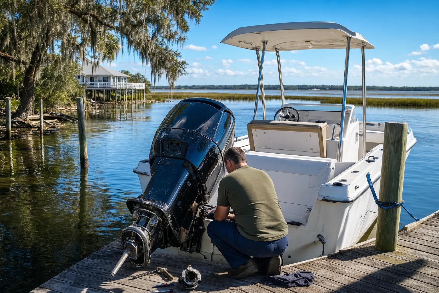Technician inspects outboard engine on boat at dock with marsh and live oak trees visible.