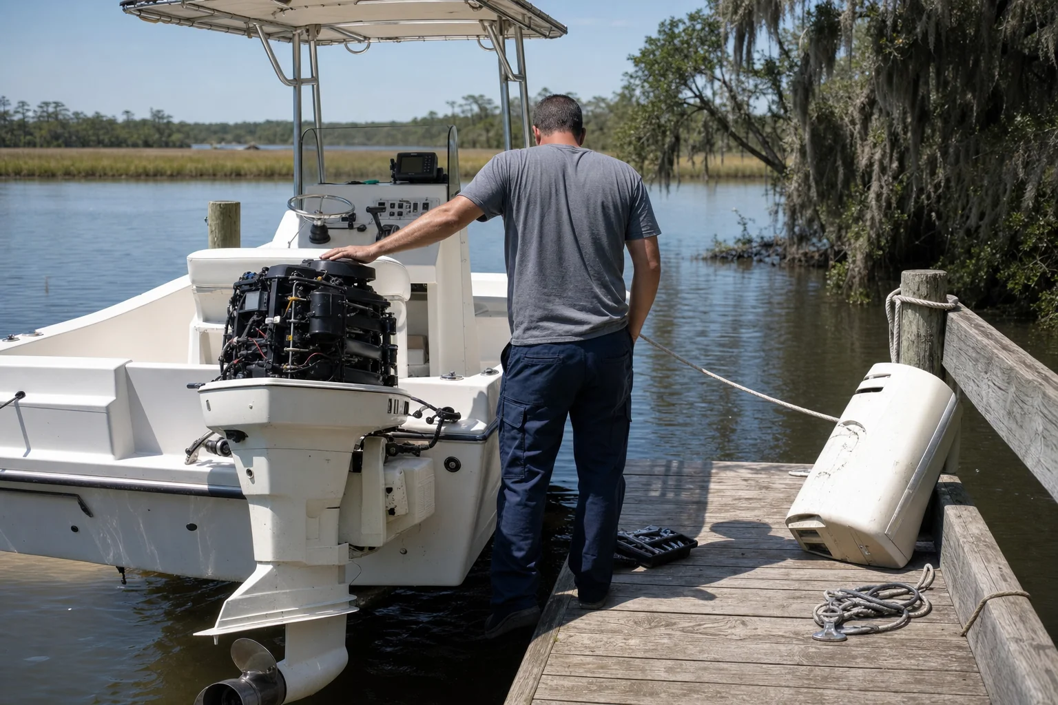 Technician inspecting outboard engine on boat at Wilmington dock with Spanish moss trees.