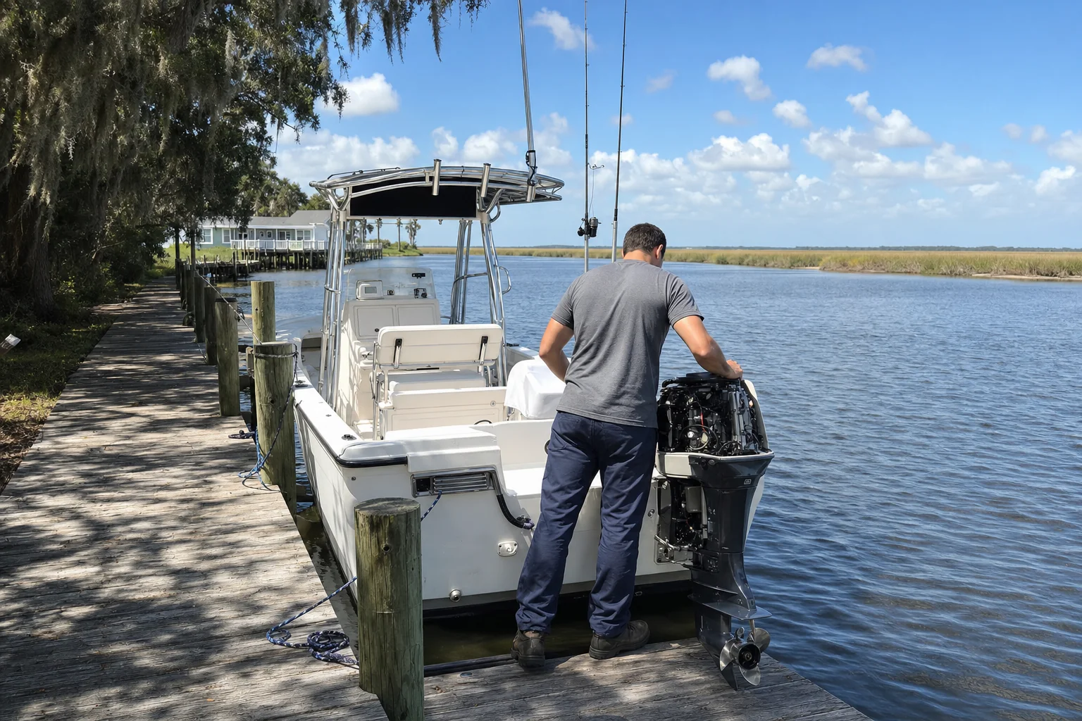 Technician inspecting outboard motor on recreational boat at dock with marsh vegetation.
