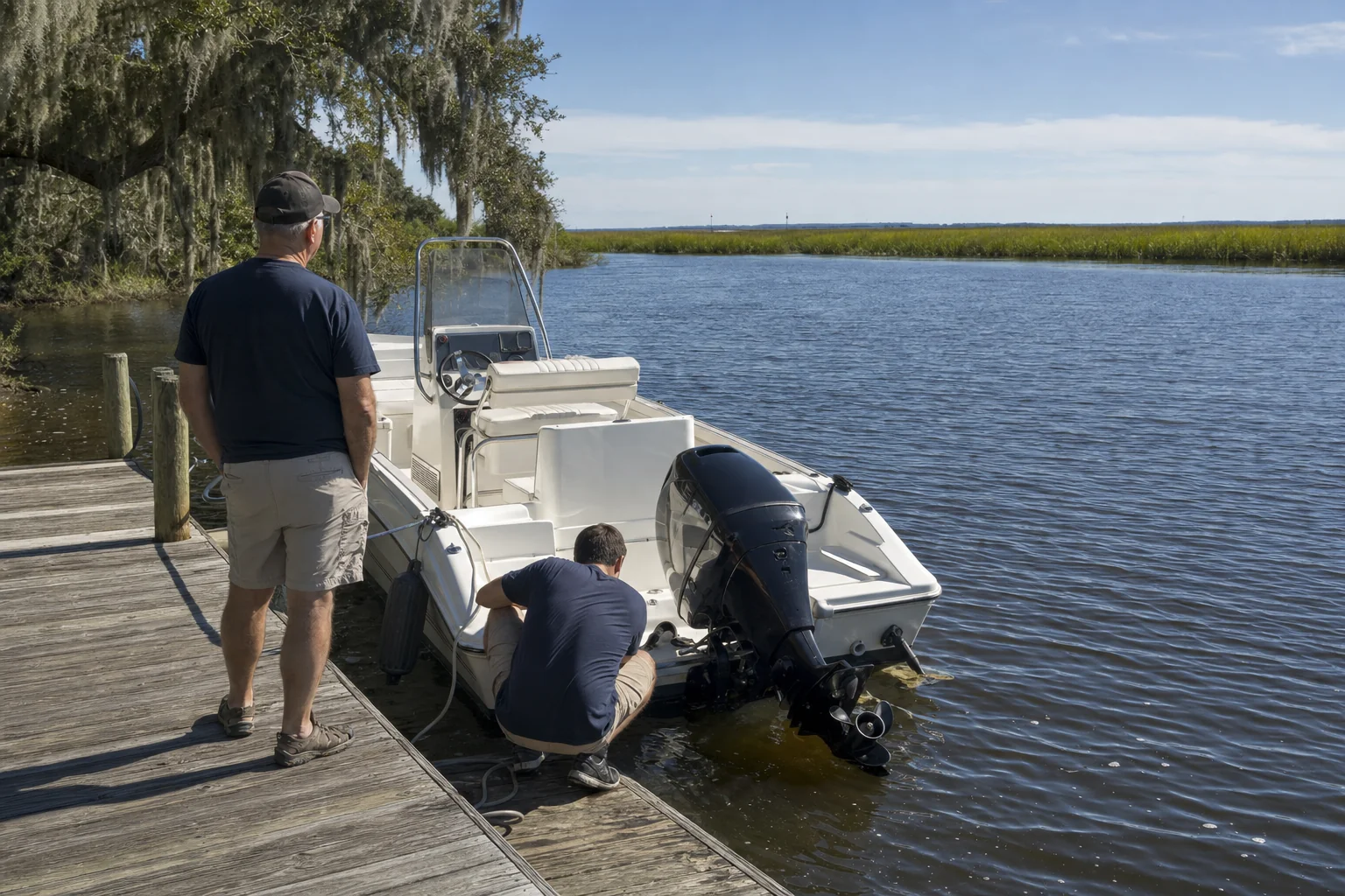Technician inspecting outboard engine on boat at dock with Spanish moss-draped trees.