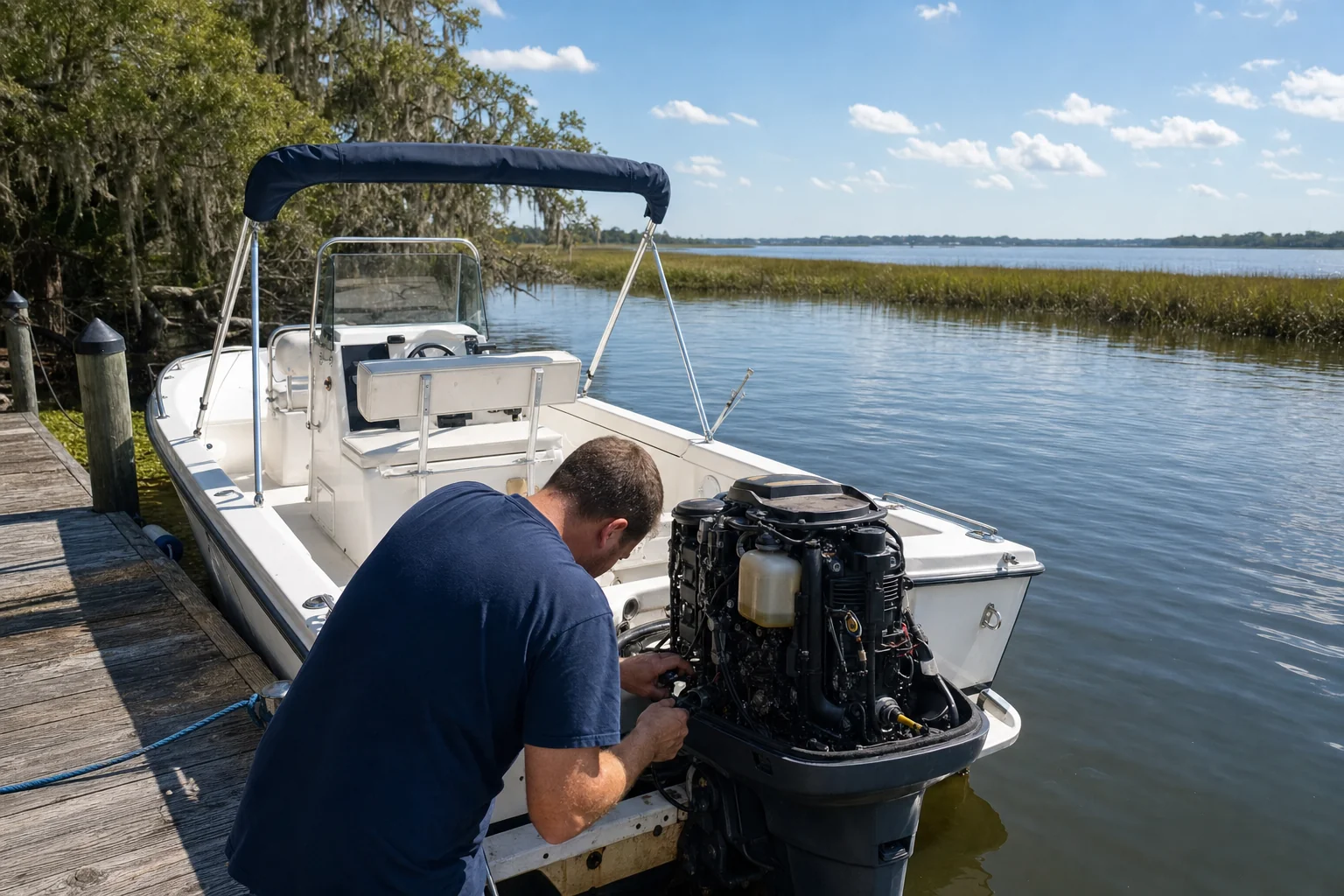 Technician inspects outboard engine on boat at Wilmington dock with marsh and Spanish moss visible.