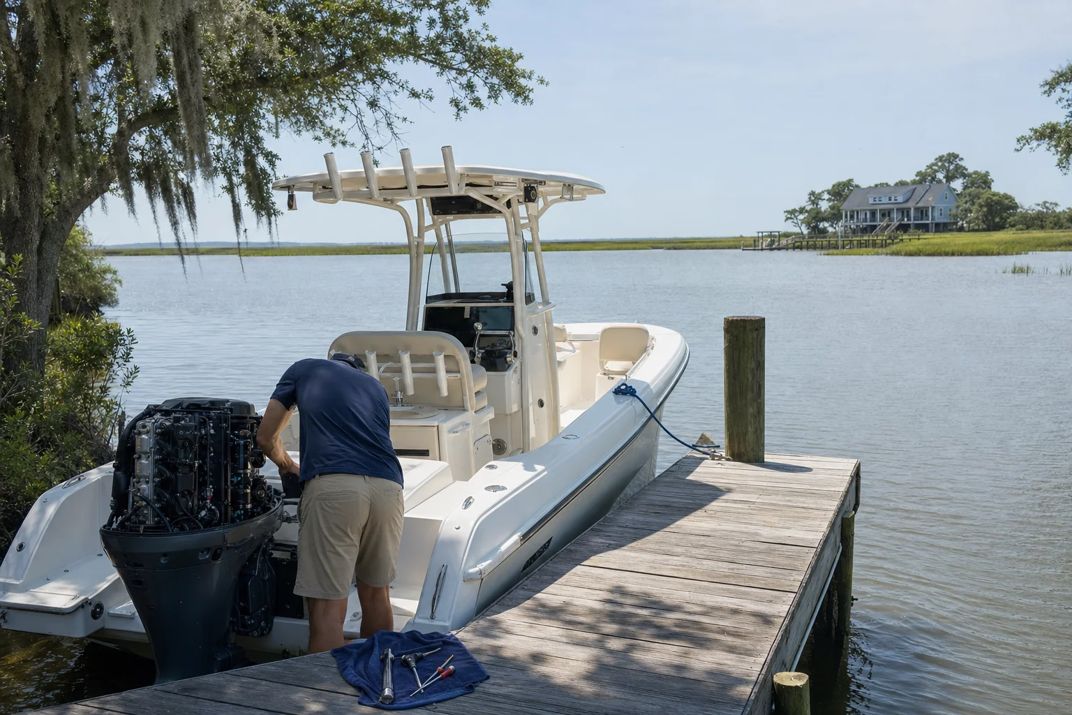 Technician inspecting outboard engine on boat at Wilmington dock with marsh and coastal home visible.