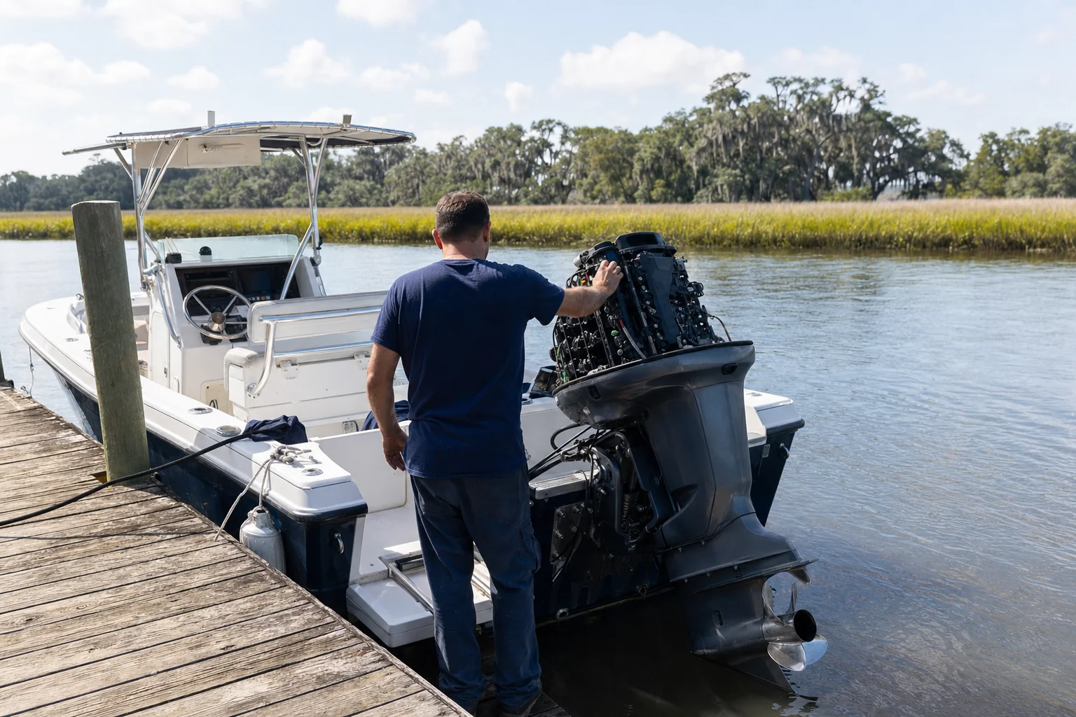 Technician inspecting outboard engine on boat at Wilmington dock with marsh landscape.