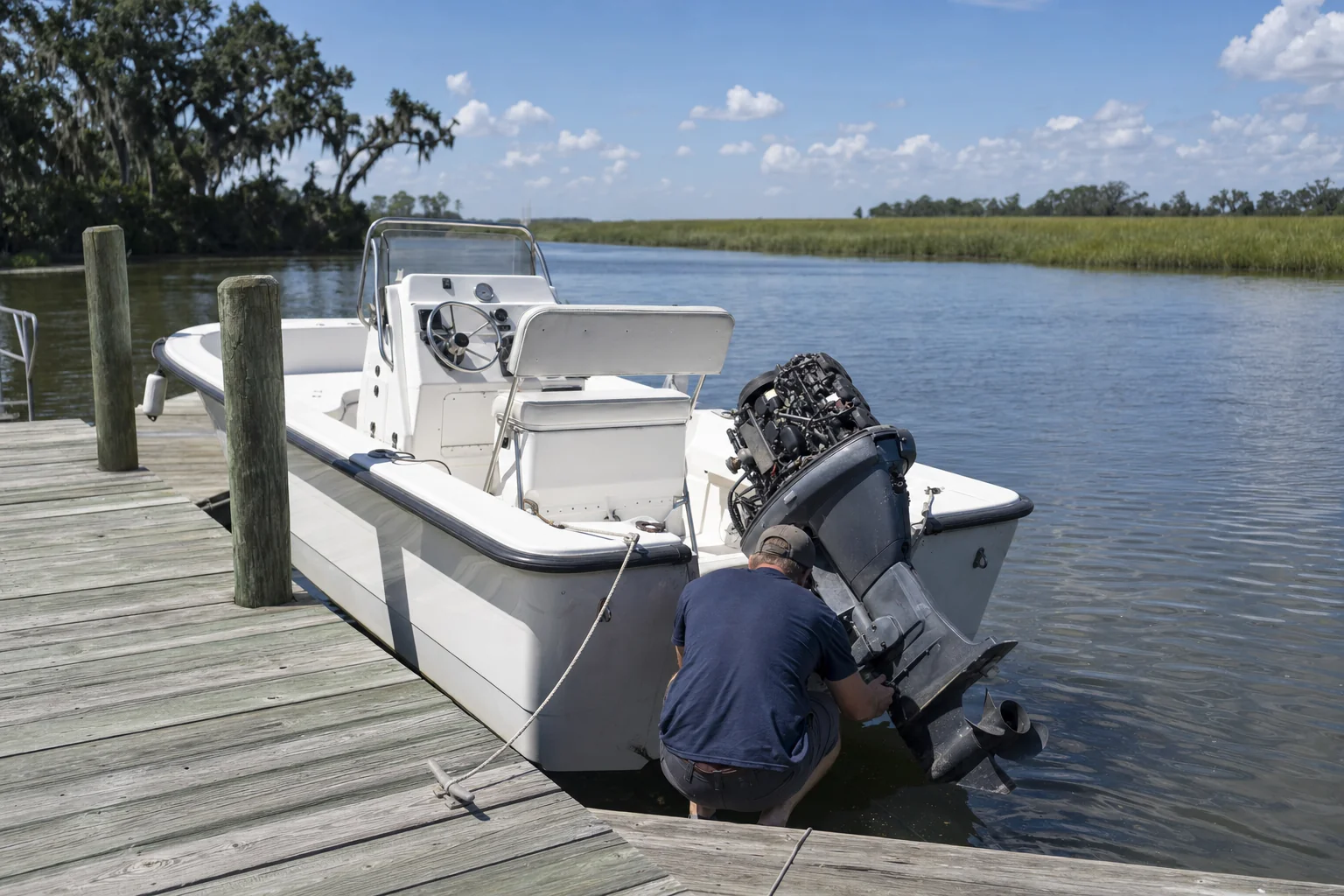 Technician inspects outboard engine on boat at Wilmington dock with marsh backdrop.