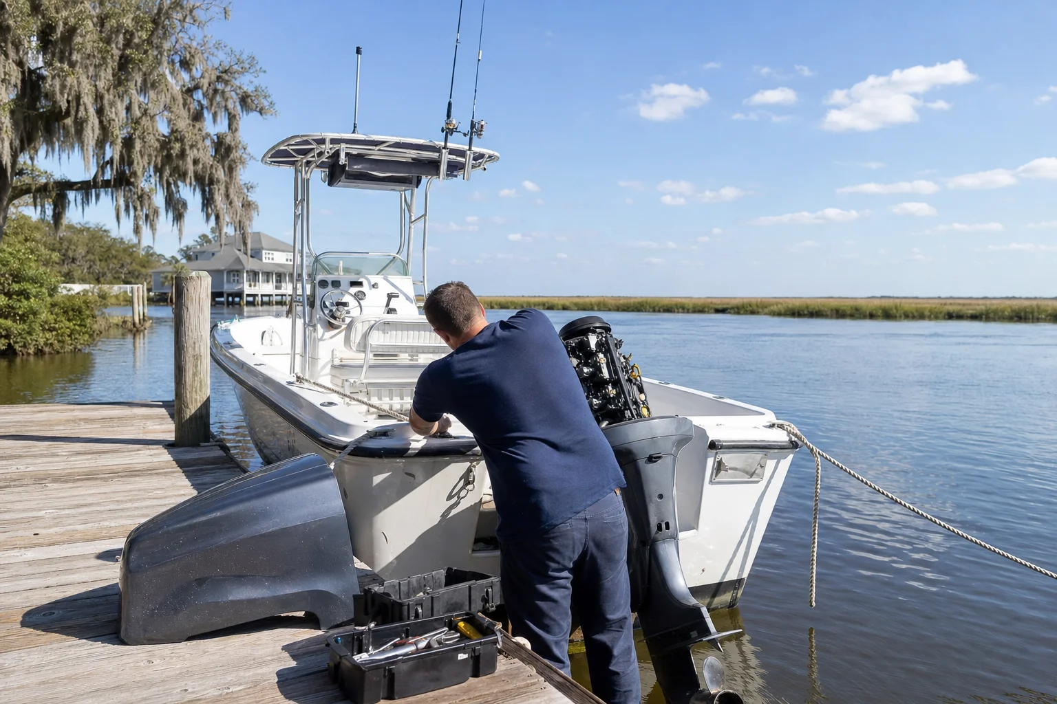 Technician inspects outboard engine on boat at Wilmington dock with marsh vegetation visible.