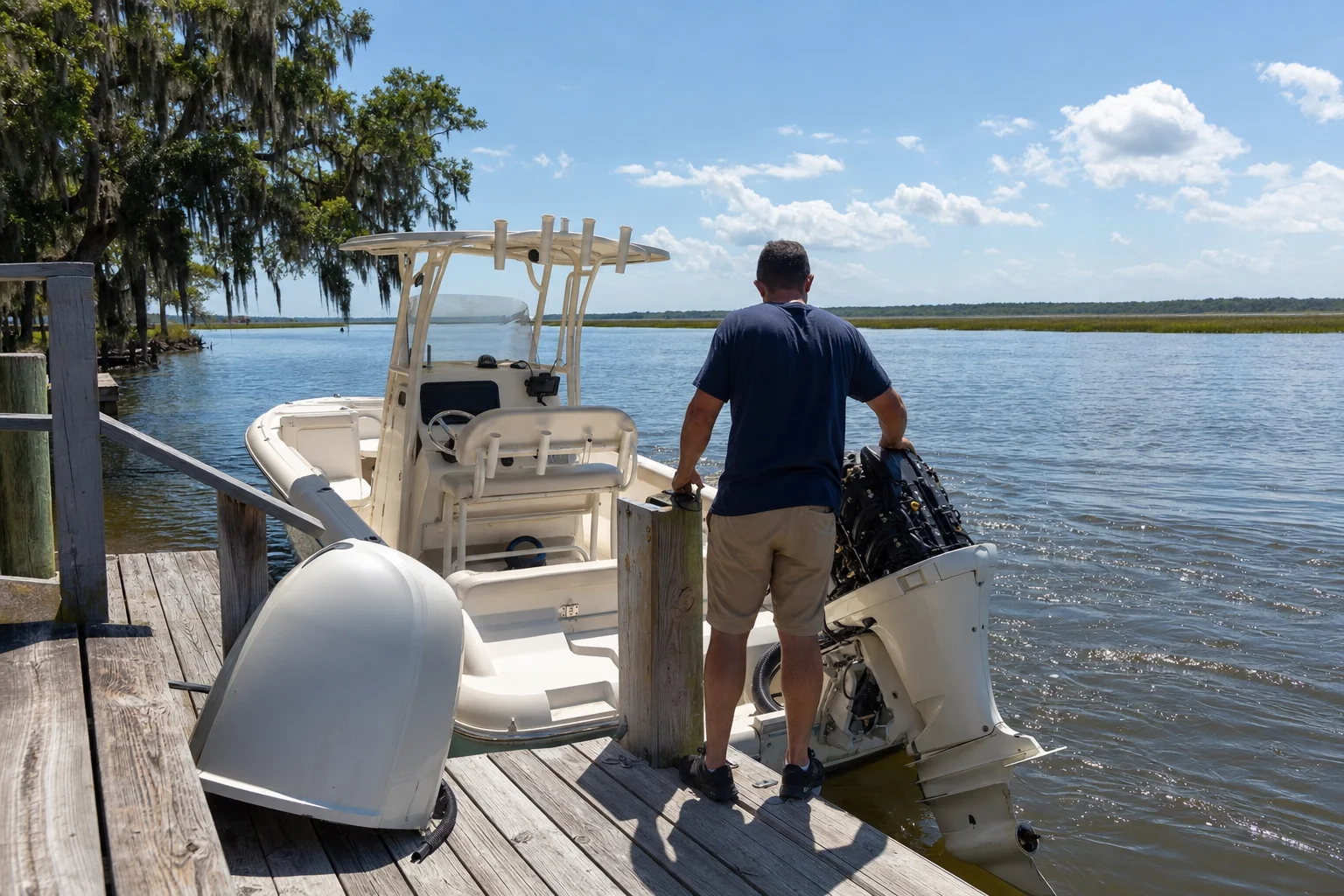 Technician inspecting outboard engine on recreational boat at Wilmington dock with Spanish moss trees.