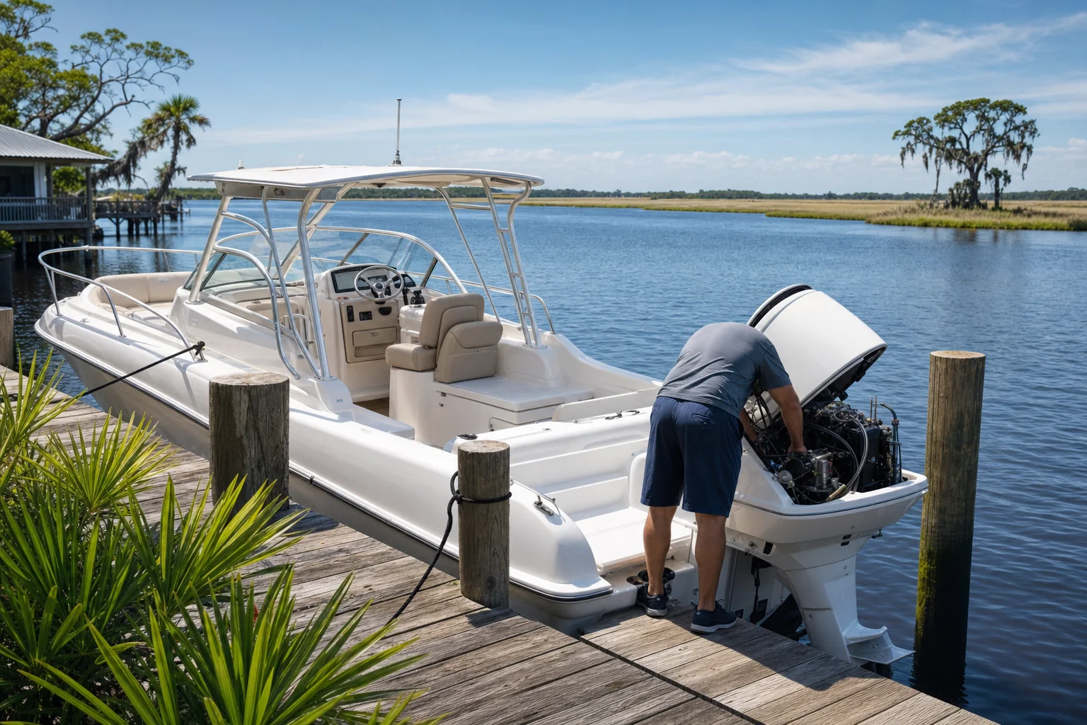 Technician inspects outboard engine on recreational boat at Wilmington dock with marsh vegetation visible.