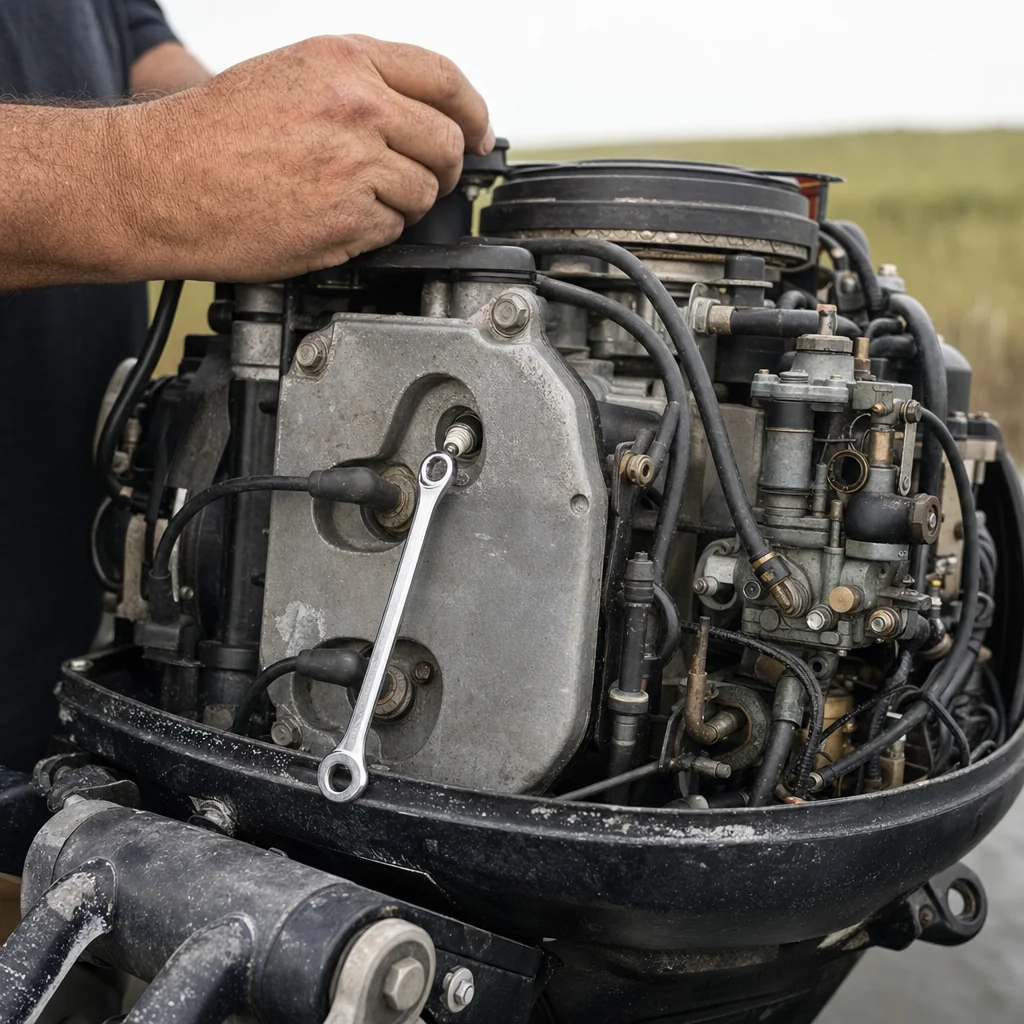 Technician's hands adjusting outboard engine components with wrench at boat ramp.