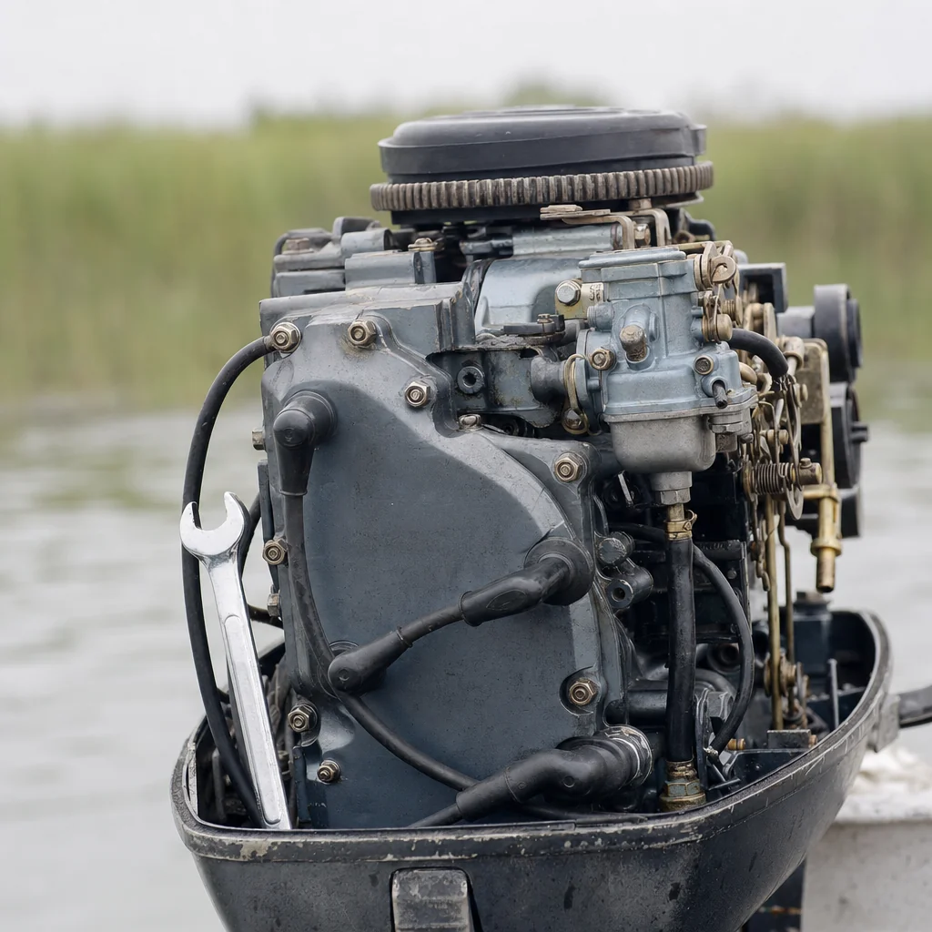 Disassembled outboard marine engine showing corroded internal components and salt-fouled fittings at water's edge.