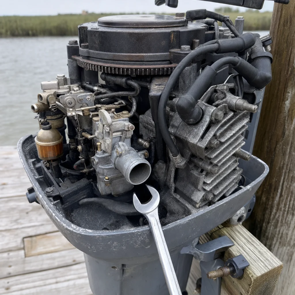 Disassembled outboard marine engine showing internal components, fuel filter, and corroded fittings at dock.