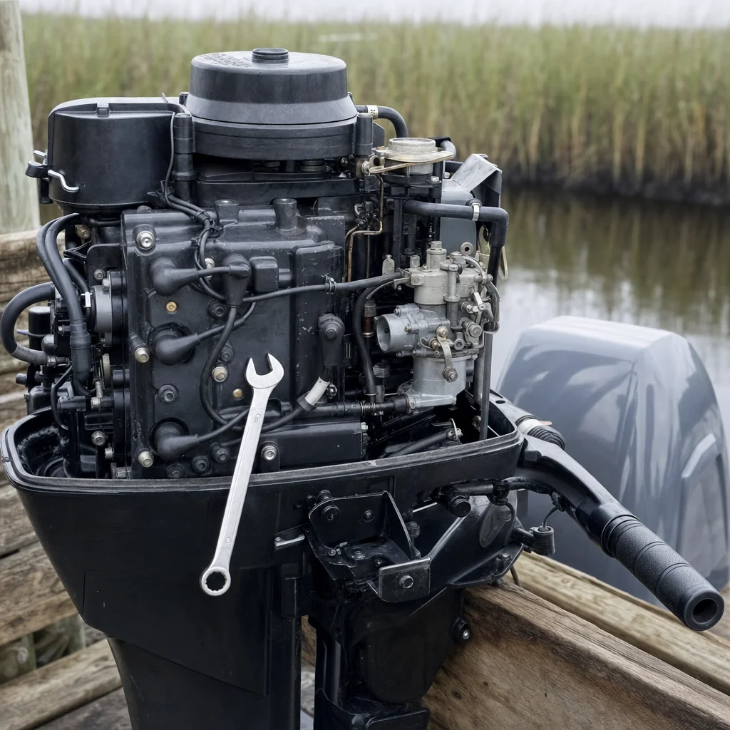 Outboard marine engine mounted on wooden dock with wrench tool visible, marsh reeds in background.