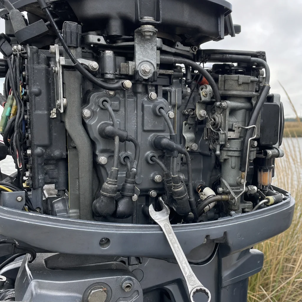 Outboard marine engine with visible fuel injectors and corroded fittings during repair inspection.
