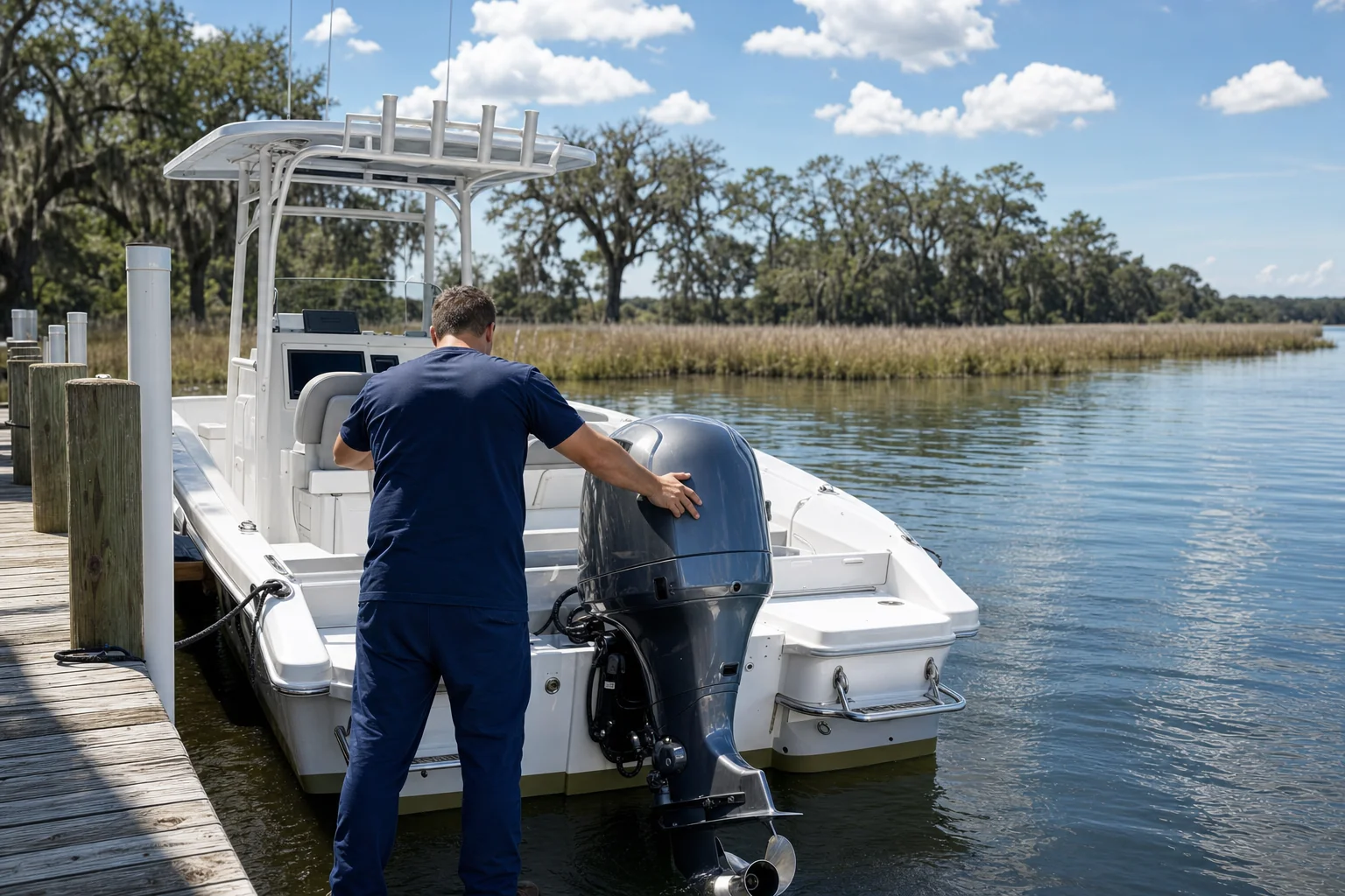 Technician inspecting outboard engine on recreational boat at dock with marsh vegetation.