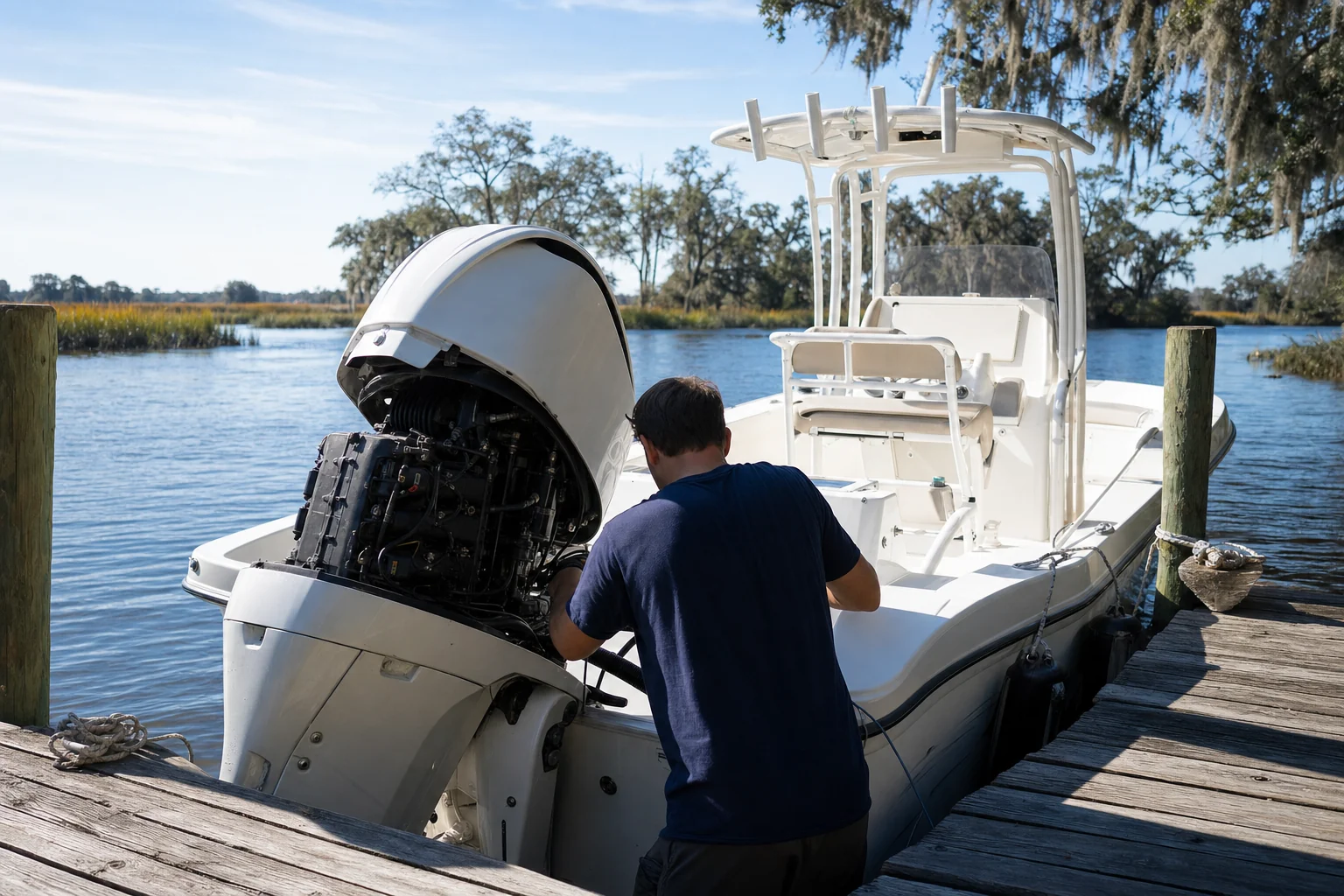 Technician inspecting outboard engine on recreational boat at Wilmington dock with Spanish moss trees.