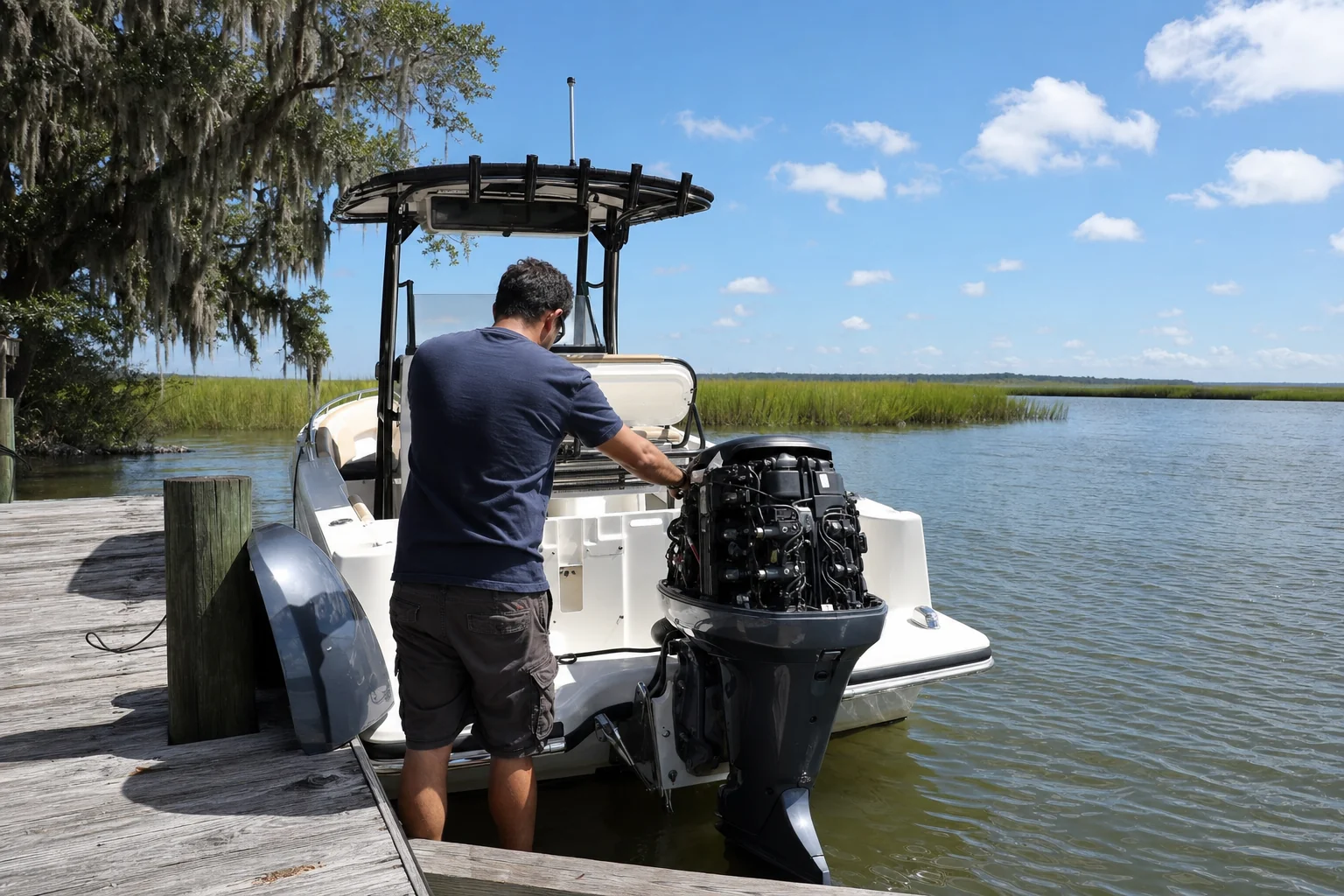 Technician inspecting outboard engine on recreational boat at dock with marsh landscape.