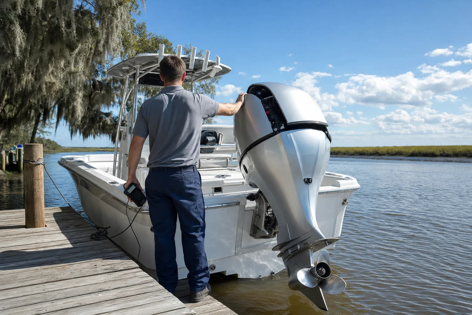 Technician inspecting outboard engine cowling on recreational boat at dock with marsh vegetation.