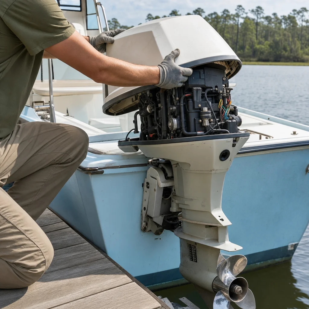 Technician inspecting outboard engine cowling on boat at dock with water and pine trees visible.