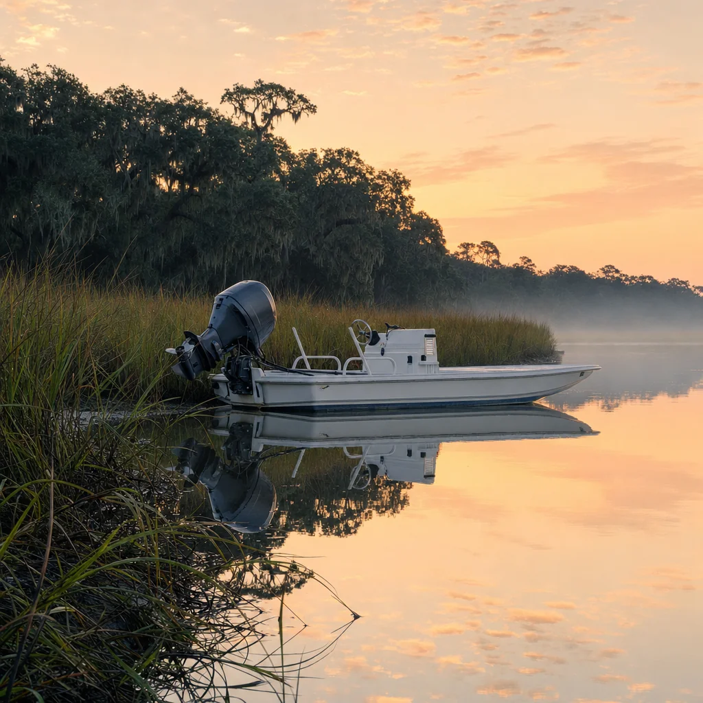 Outboard motor mounted on recreational fishing boat at dawn in coastal marsh with live oak trees.