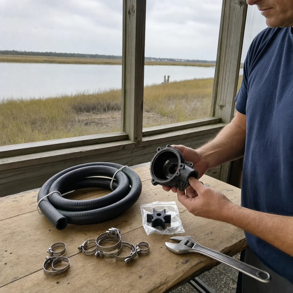 Technician inspects marine engine water pump impeller and hoses at coastal dock overlooking marsh.