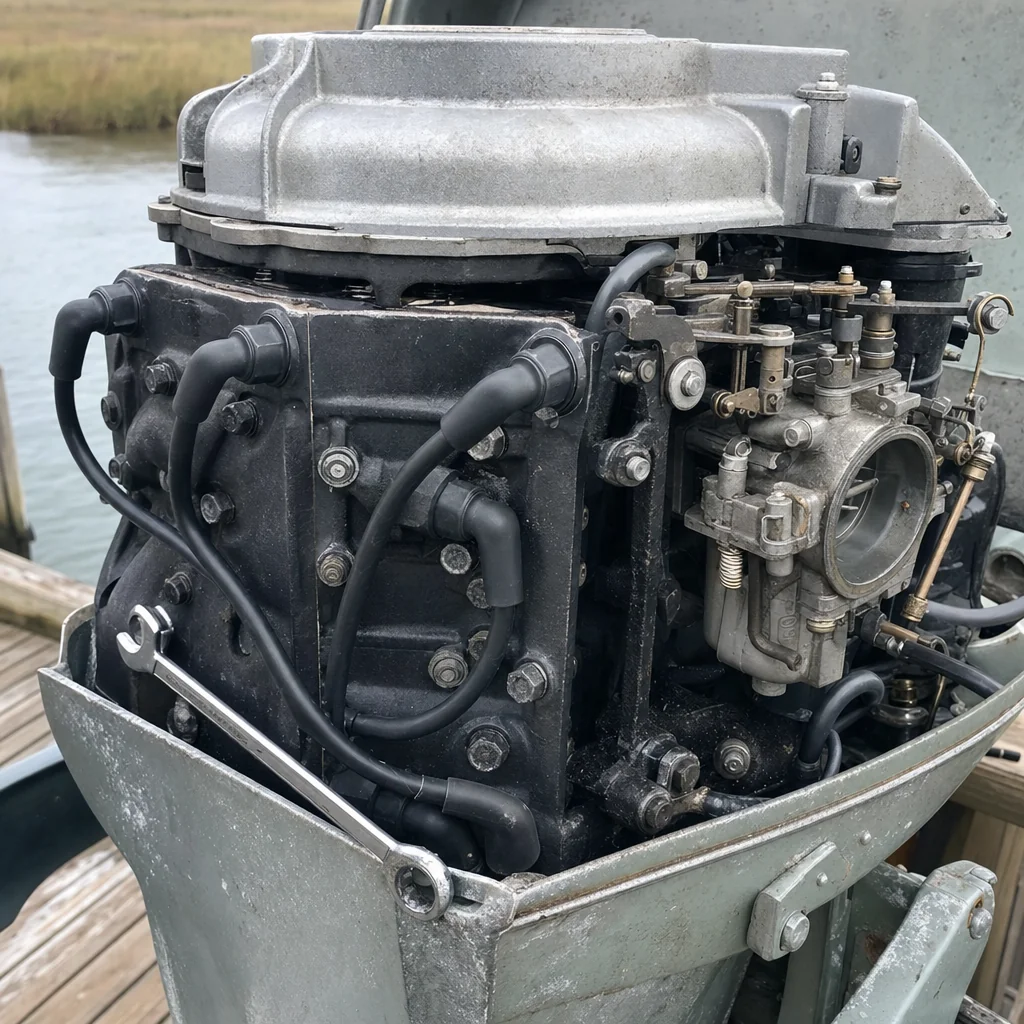 Outboard marine engine with visible corrosion and salt fouling at dock in Wilmington.