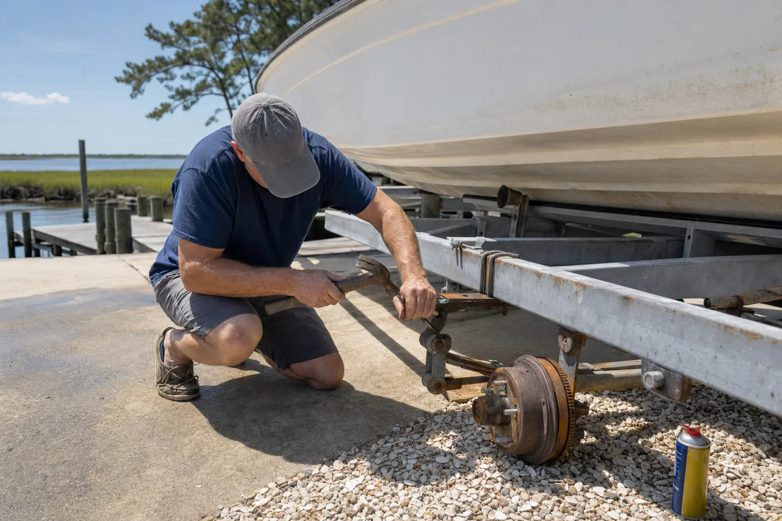 Technician inspecting boat trailer axle and brake assembly at waterside dock in Wilmington.